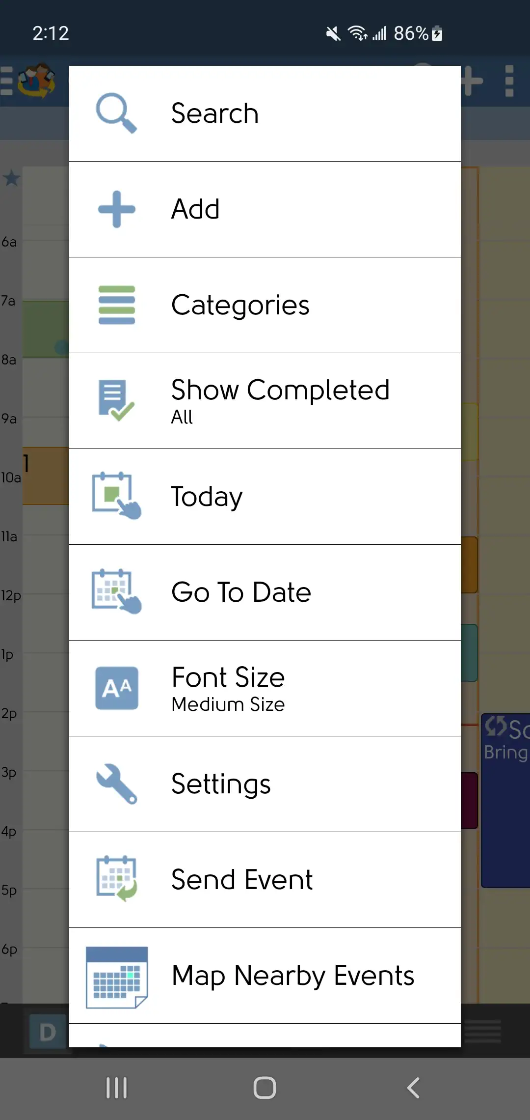 DejaOffice calendar Options screen